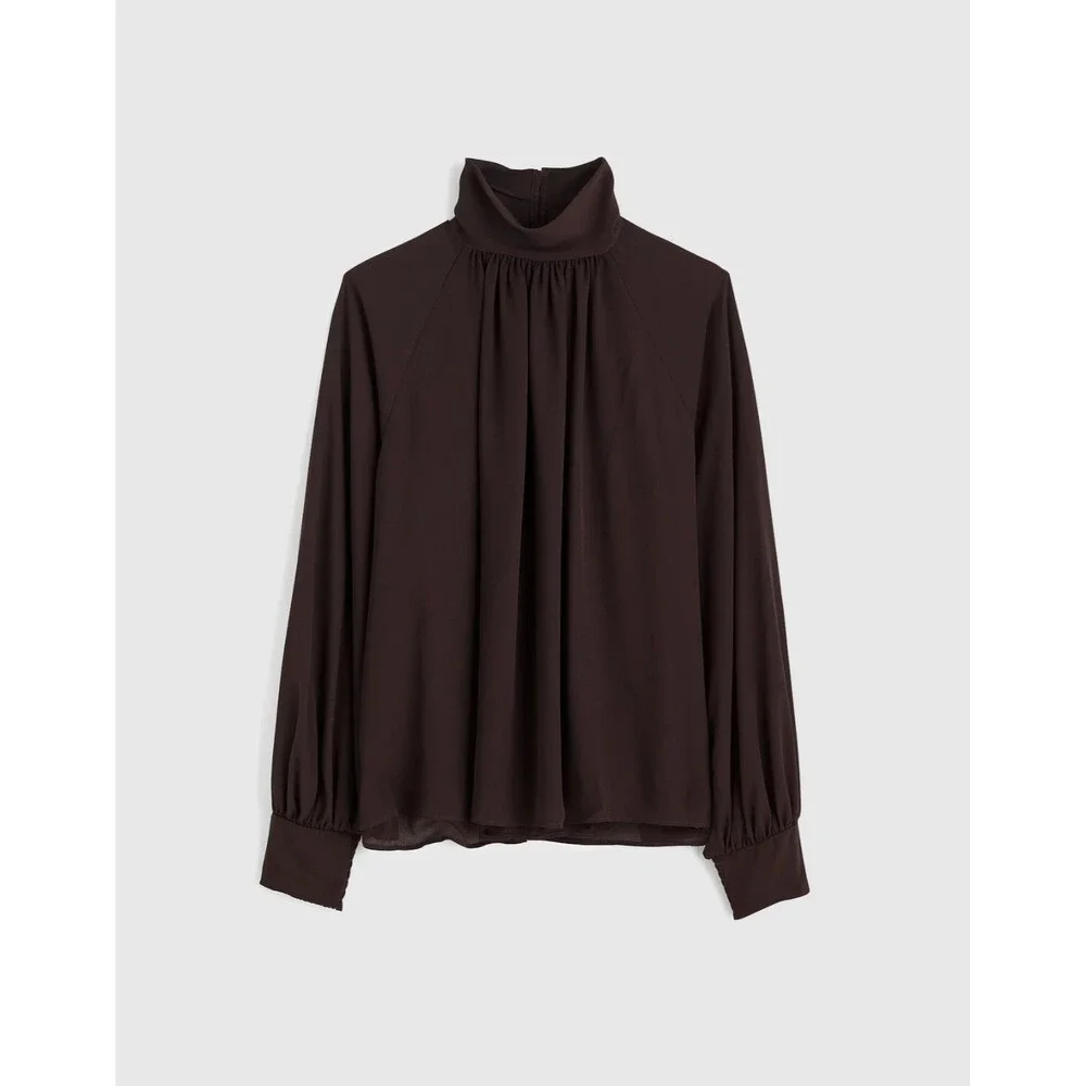 Madewell Chiffon Turtleneck Blouse XS Molasses Brown Smocked Cuff NWT NY352 - Picture 5 of 13